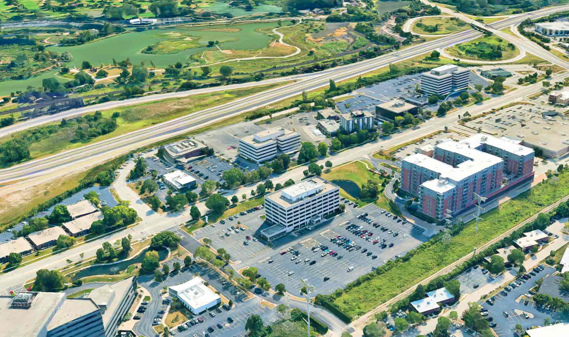 Drone view of OFG office building and surrounded area.